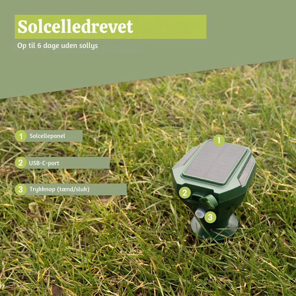EcoShield™ – Solcelledrevet Muldvarpe og Gnaverskræmmer