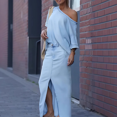 Ottilia™ – Elegant Denim Skulderfri Top & Nederdelsæt