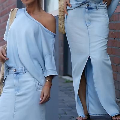Ottilia™ – Elegant Denim Skulderfri Top & Nederdelsæt