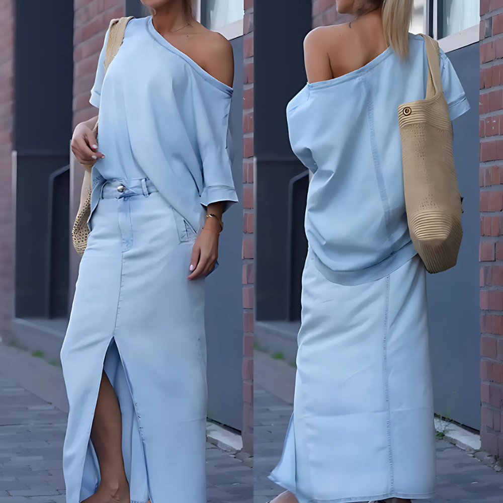 Ottilia™ – Elegant Denim Skulderfri Top & Nederdelsæt