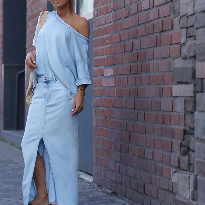 Ottilia™ – Elegant Denim Skulderfri Top & Nederdelsæt